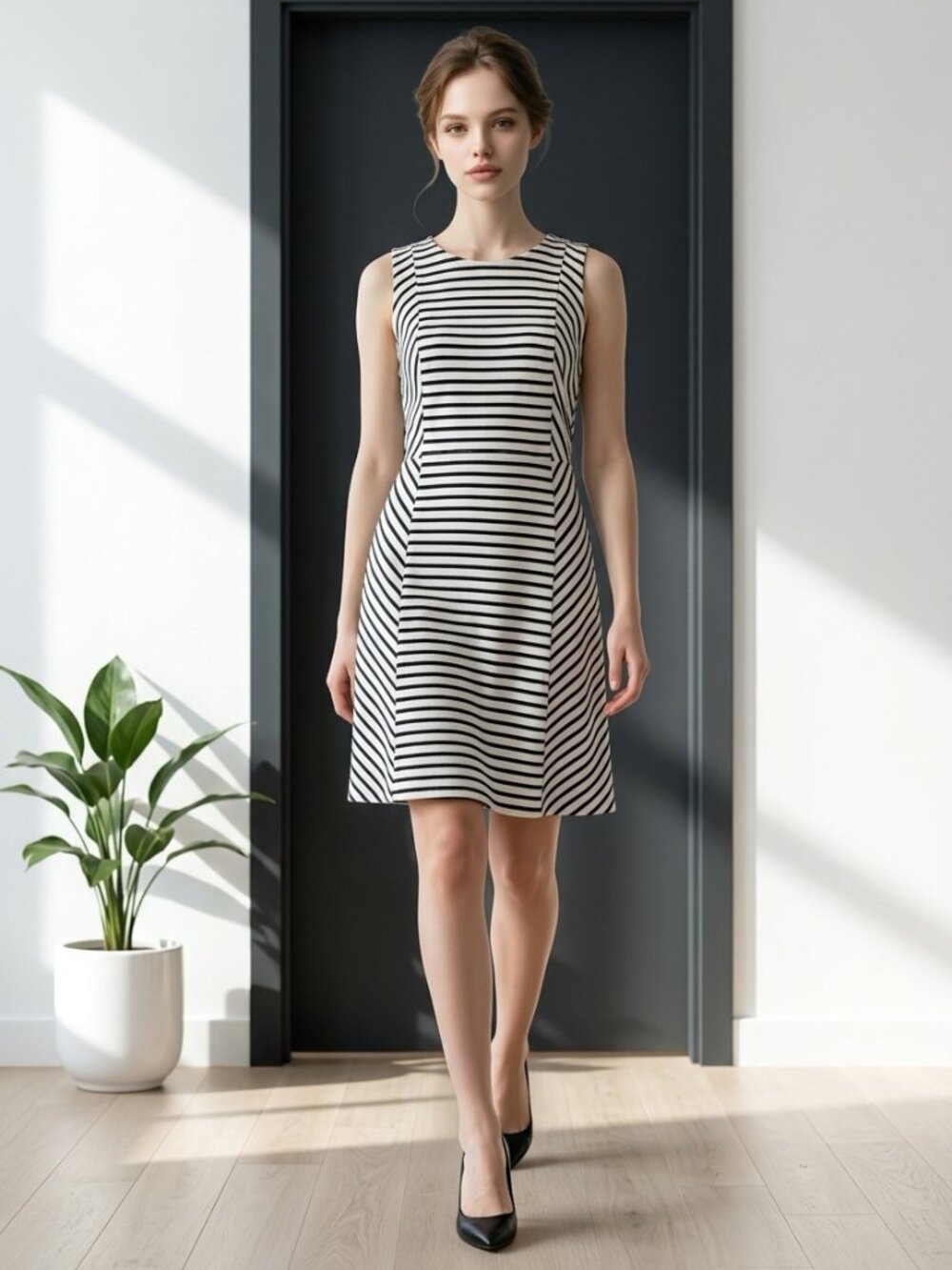 Ann Taylor Petite Black White Striped Sleeveless Shift Dress Size 6P